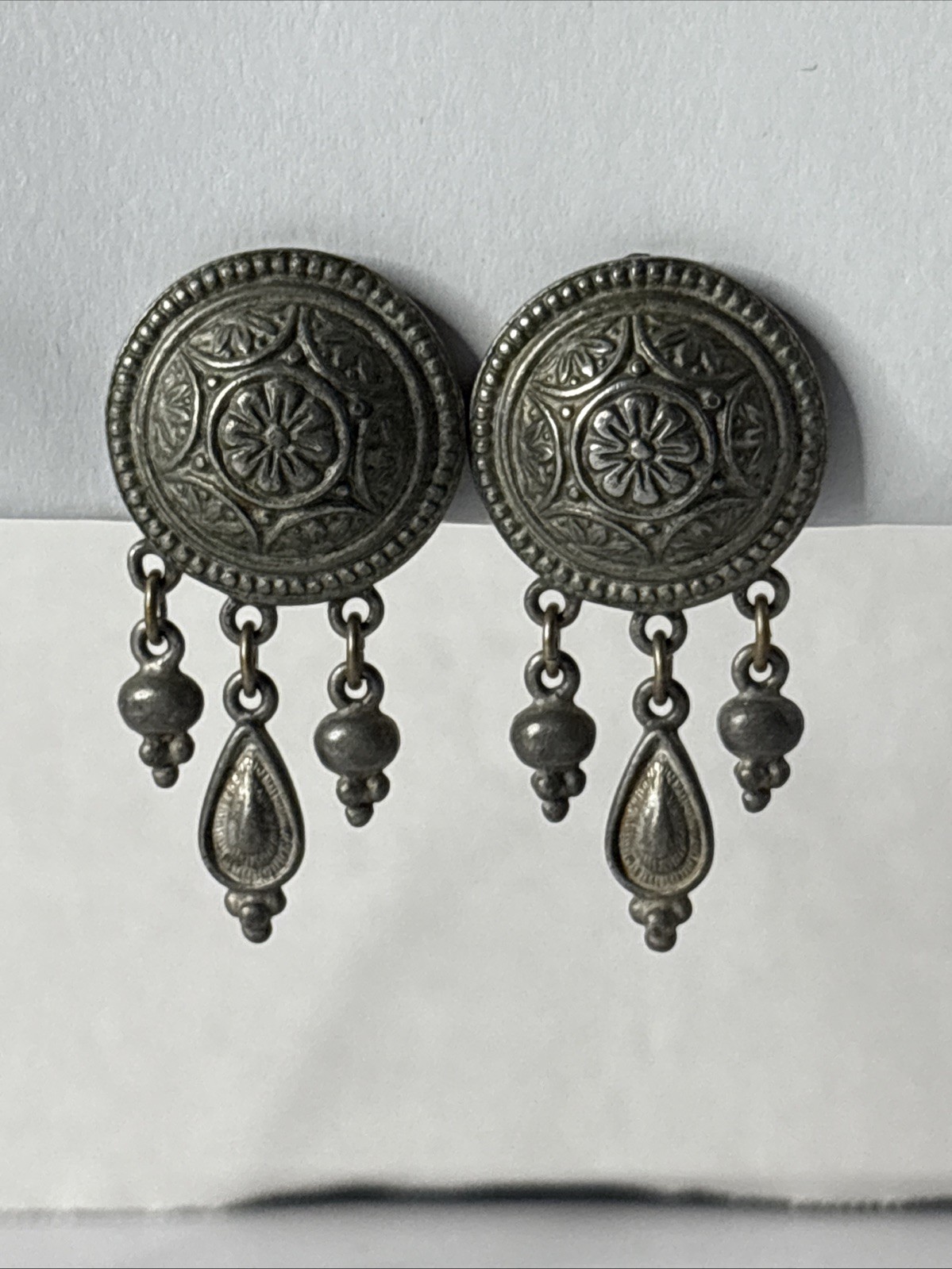 Ben Amun Signed Silver Tone Engraved Medallion Earrings W Three Teardrop Dangles