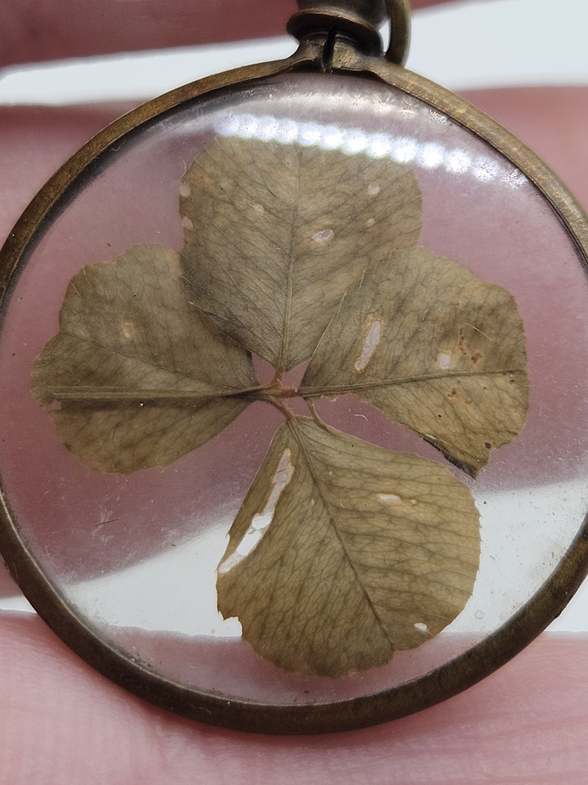 Vintage Antiqued Brass Tone Four Leaf Clover Shamrock Good Luck Charm Pendant