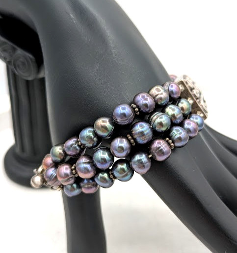 Vintage Peacock Pearl Bracelet Sterling Silver 925 3 Strand Freshwater Pearl