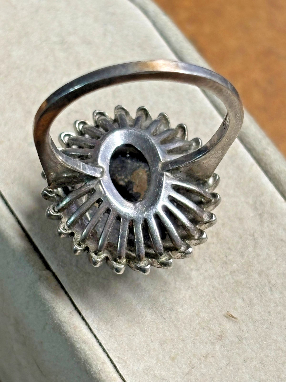 Vtg CLARK & COOMBS 925 sterling silver HEMATITE & Rhinestone COCKTAIL RING sz 8