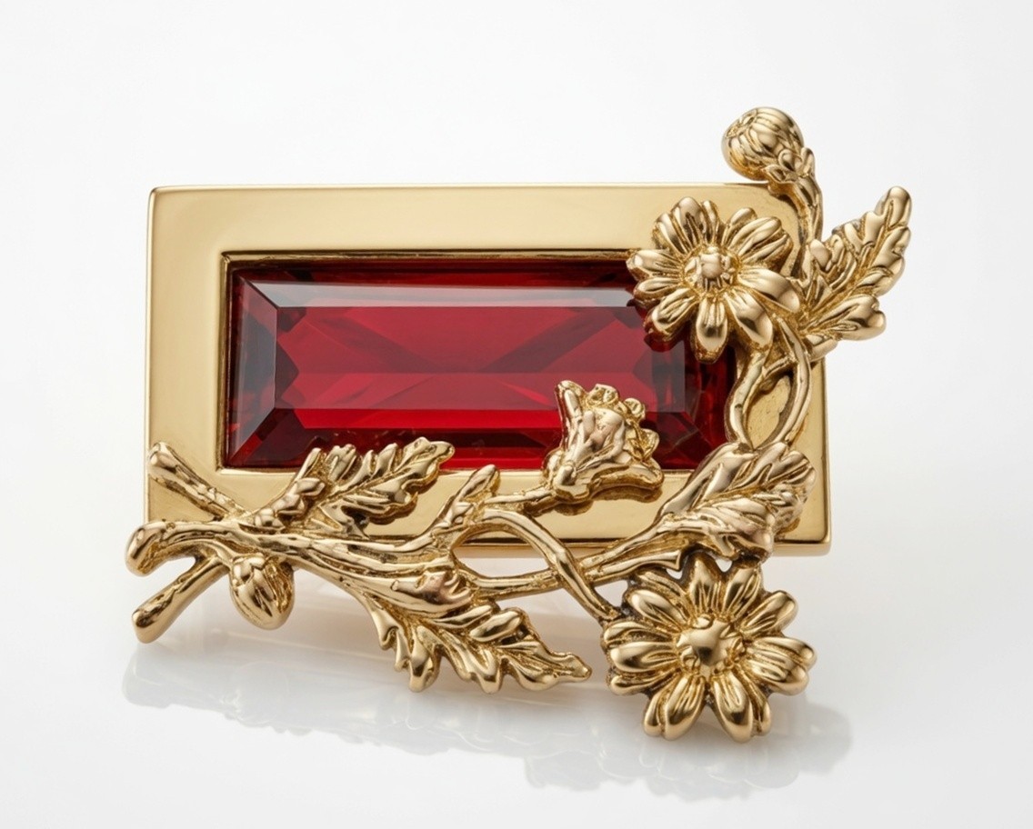 c1980s Authentic Vintage KENZO Paris Designer Deep Red Crystal Flower Brooch