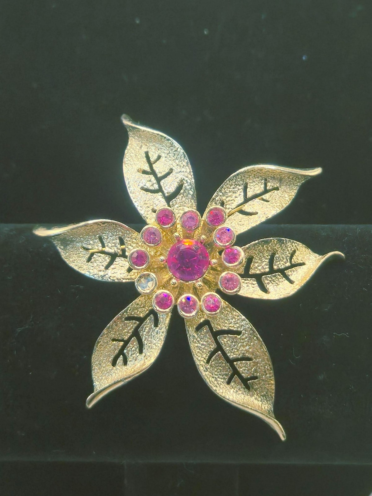 Vintage Sarah Coventry 1967 Fashion Flower Brooch Gold Tone Pink Rhinestone Pin