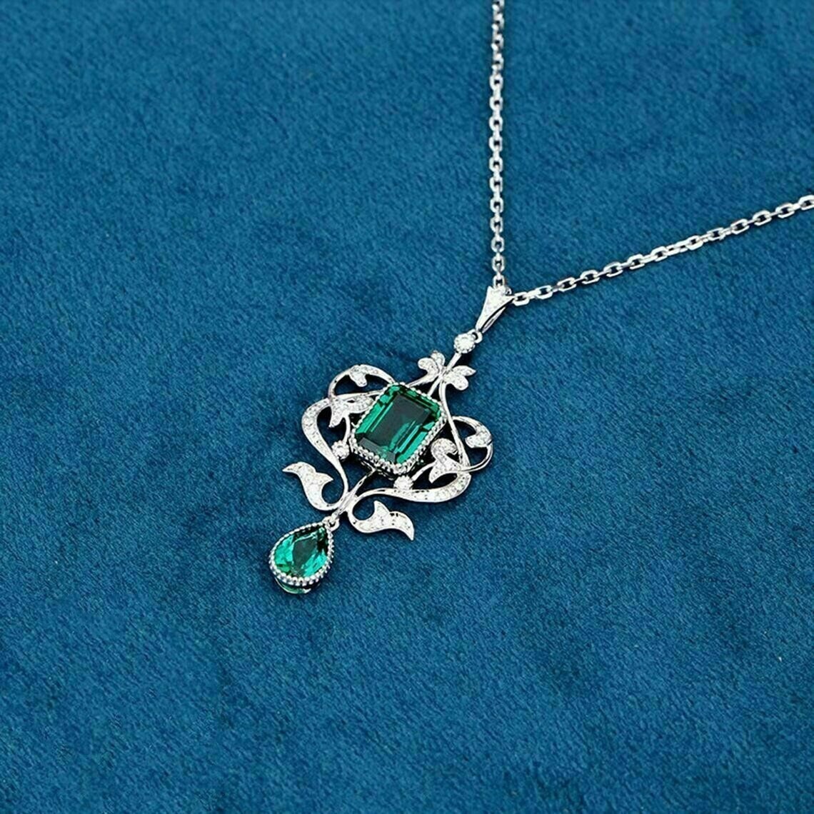 Art Deco Party Wear Emerald & Simulated Diamond Wedding 925Silver Gift Pendant
