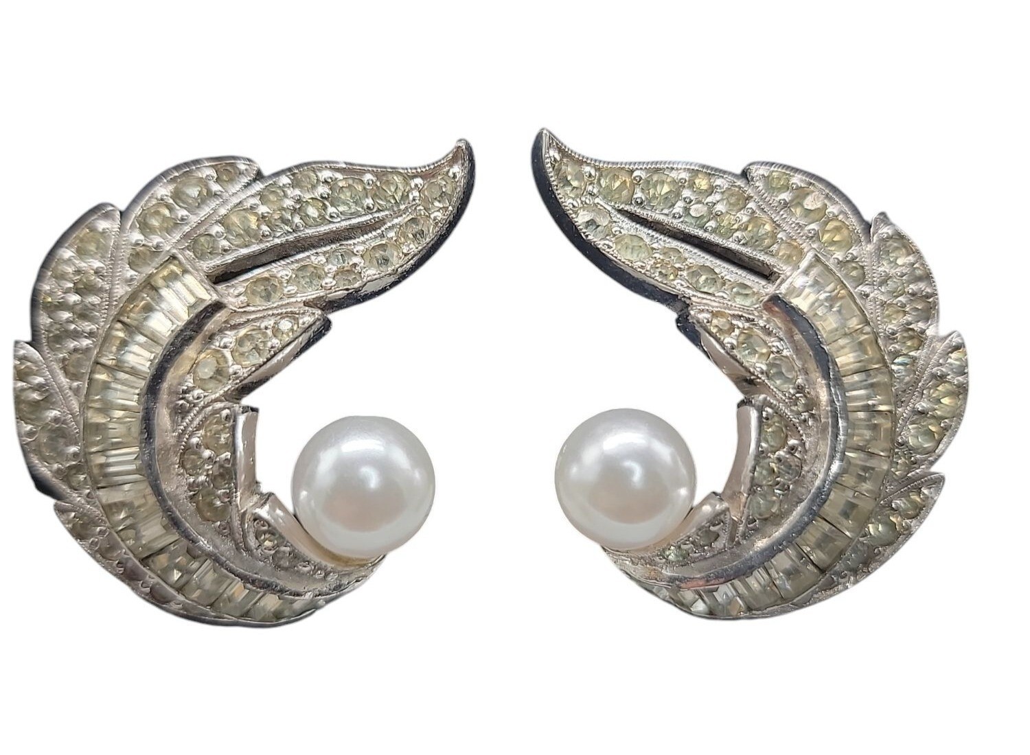 Jomaz Rhinestone Paved Winged Clip On Earrings Faux Pearl Accent Vintage Patent