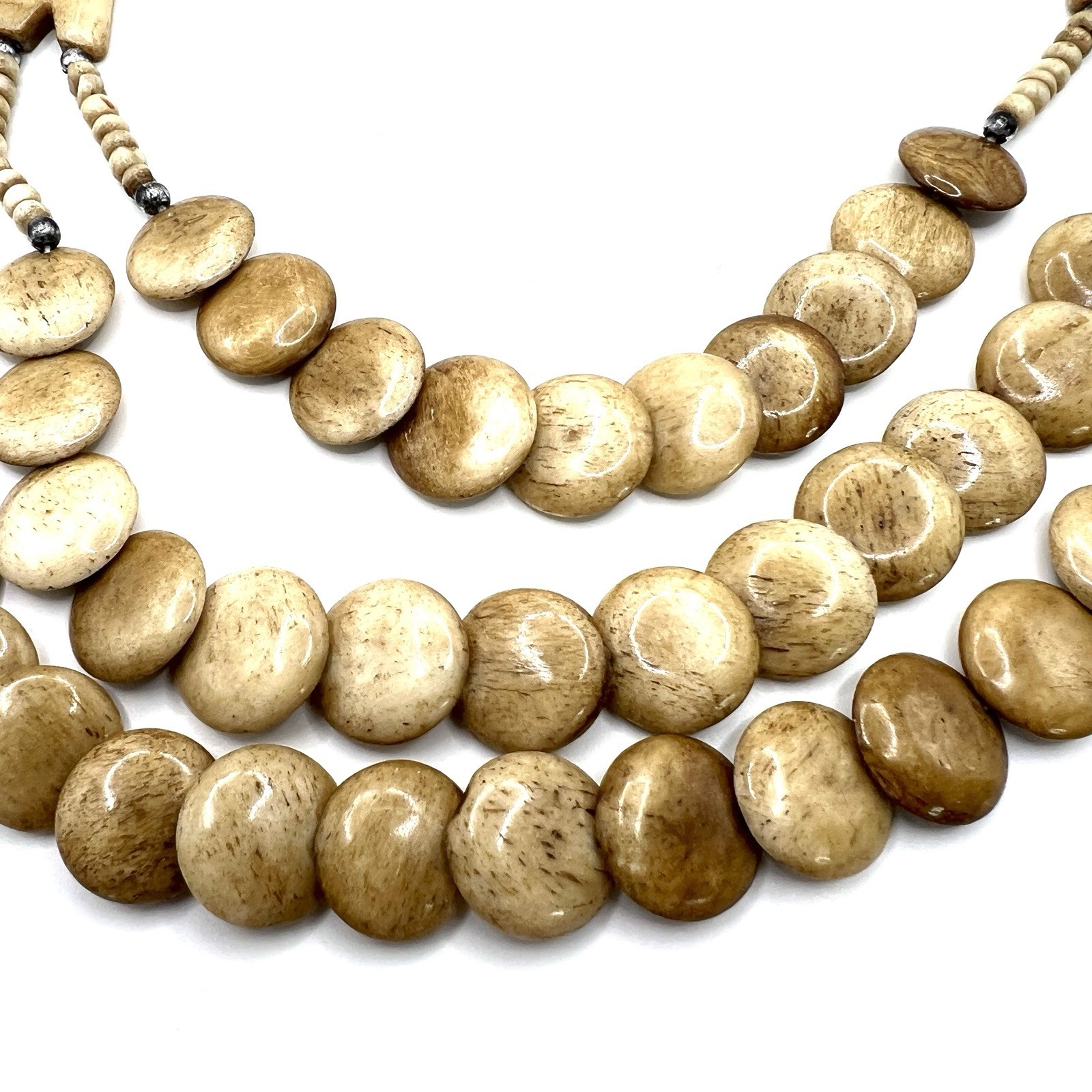 Vintage Multi Strand Bone Bead Necklace Tribal Boho Natural Beige Statement 19”