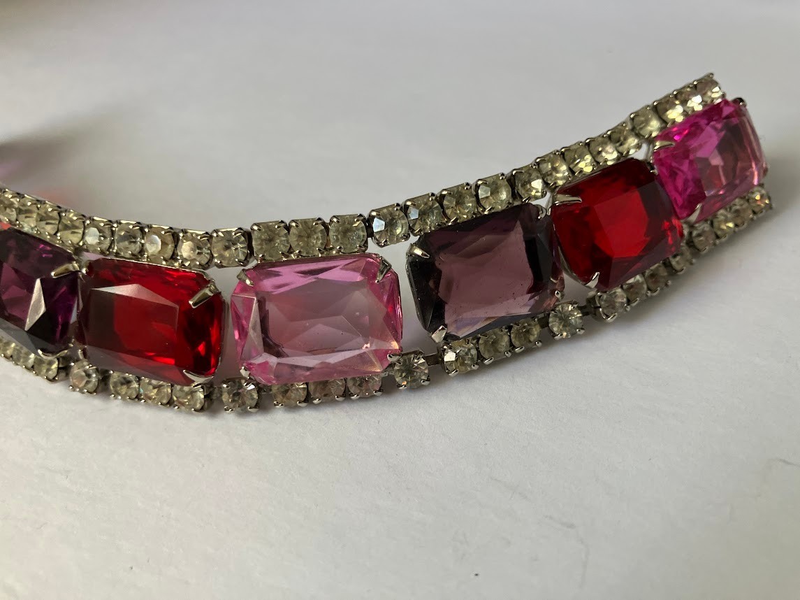 Vintage Rhinestone Panel Bracelet Square Cut Chunky Bling Purple Pink Red Clear
