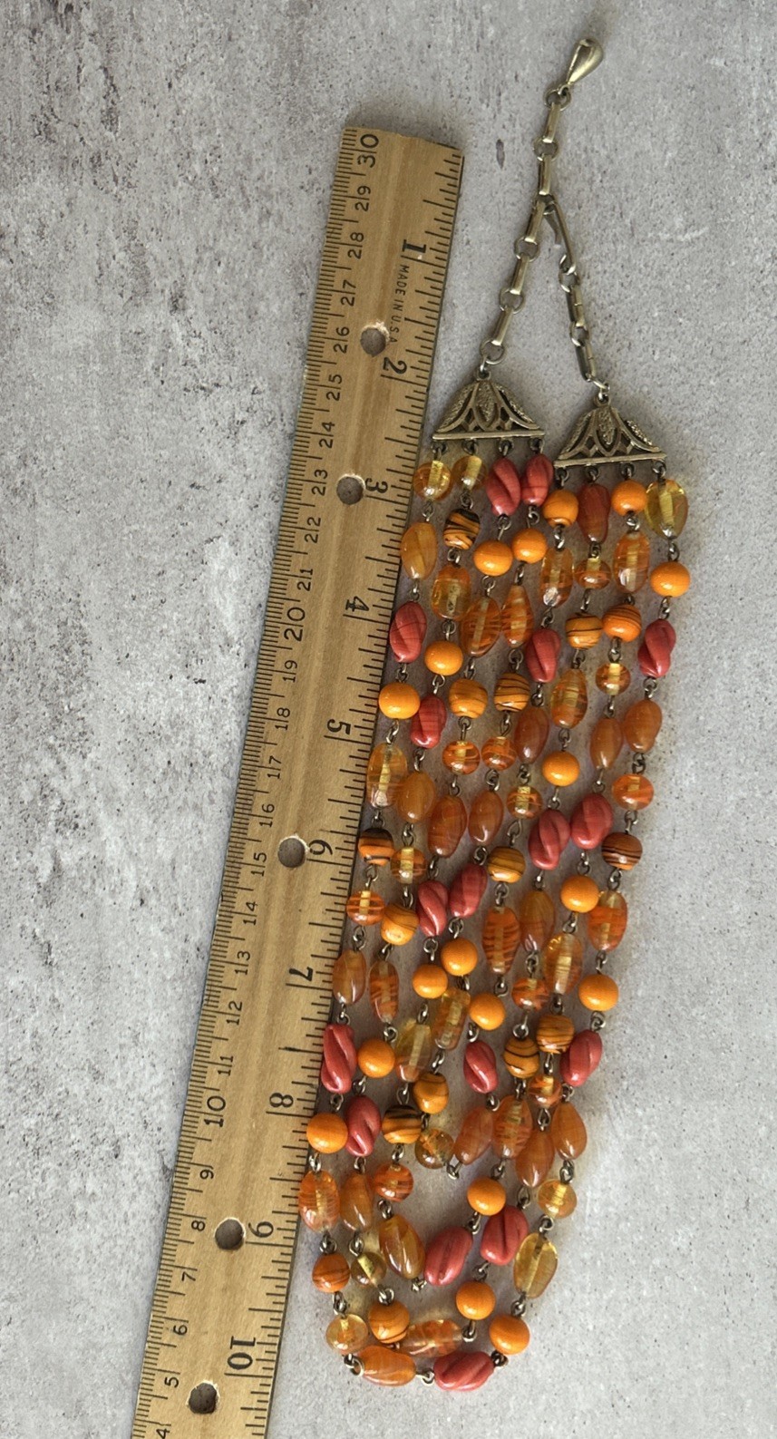 Multi Strand Glass Bead Necklace Orange Yellow Coral Vintage Statement Jewelry