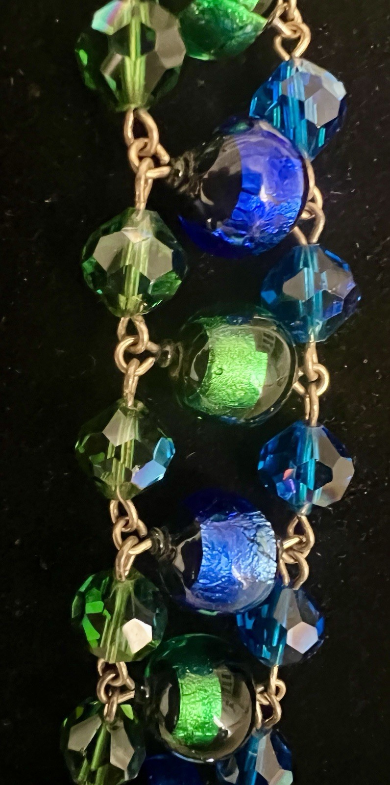 GORGEOUS VTG STATEMENT DESIGNER NECKLACE VENETIAN FOILED BLUE/GREEN GLASS BEADS