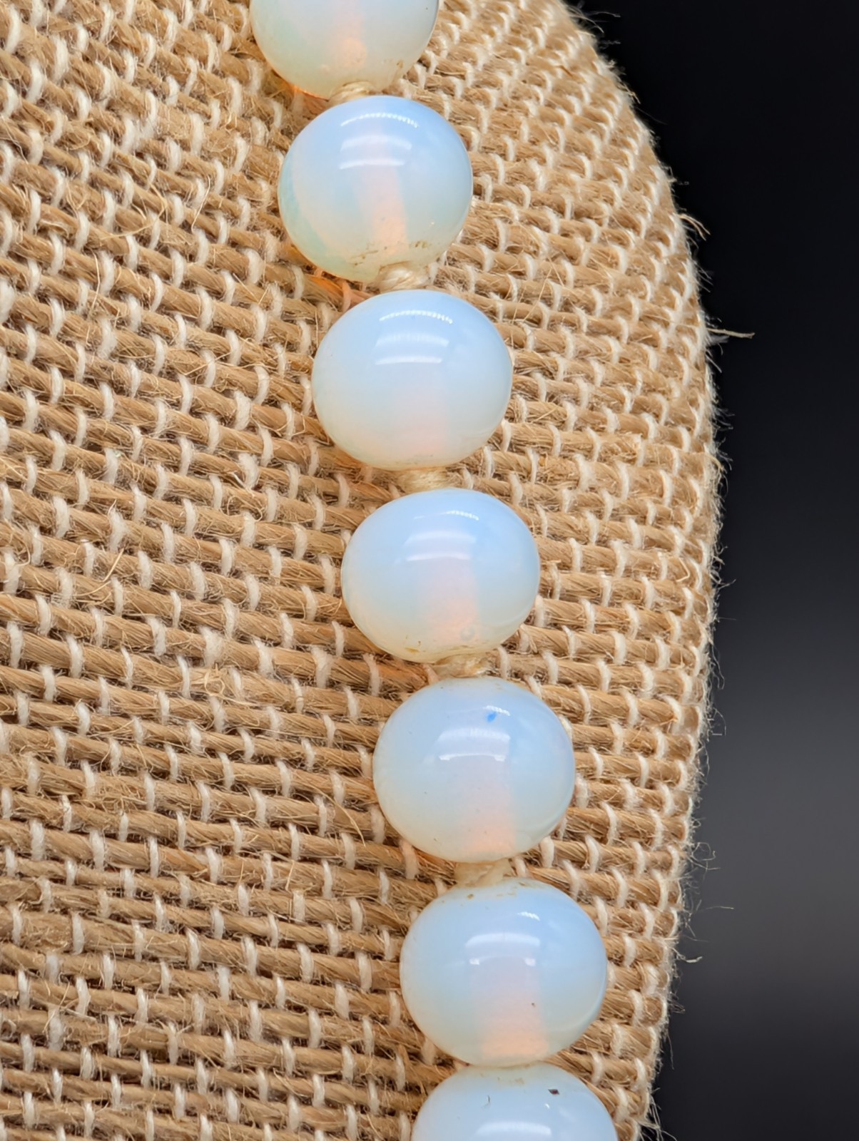 VINTAGE OPALITE OR OPALINE OPALESCENT GLASS BEAD NECKLACE HAND KNOTTED 23″