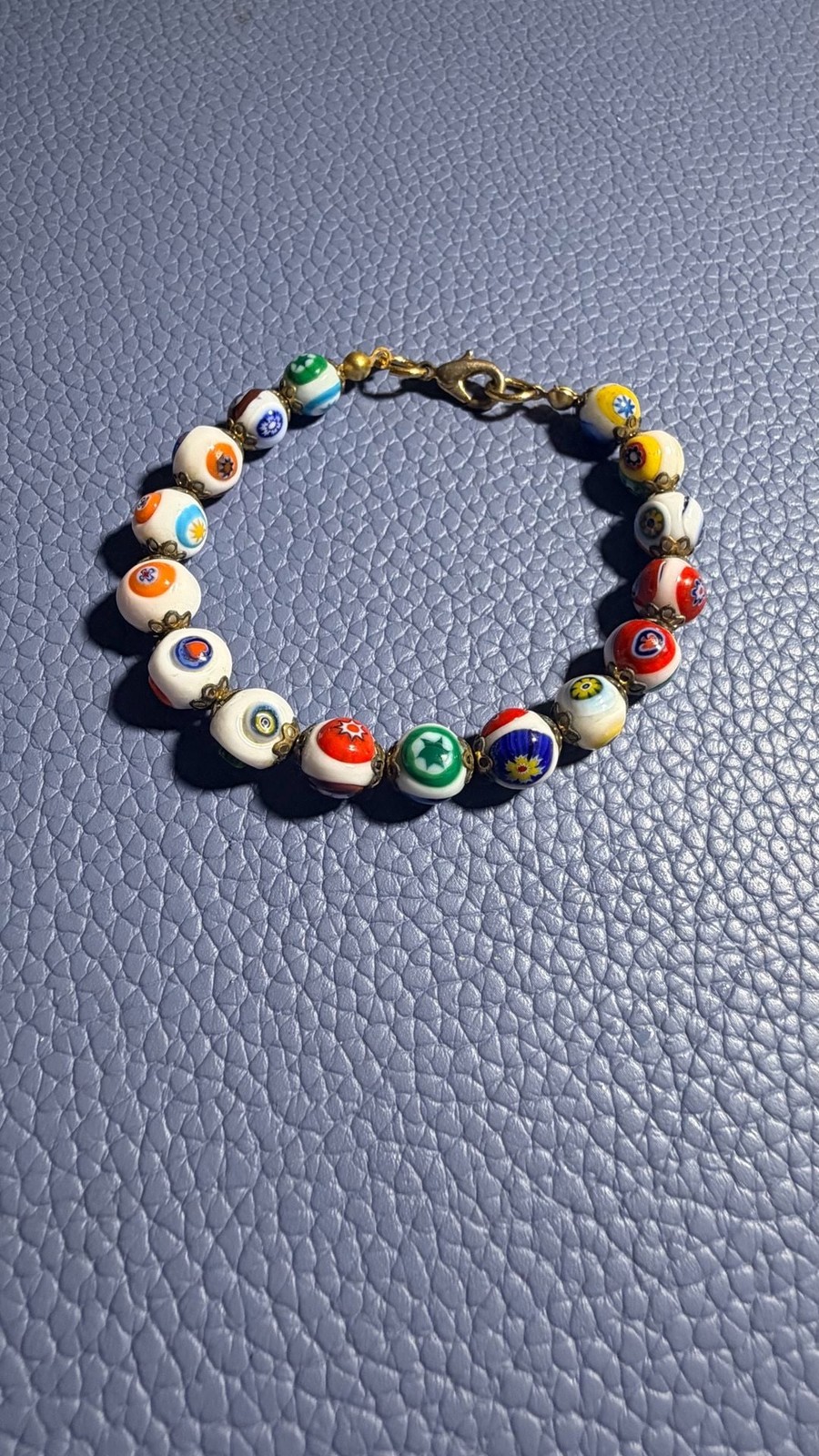 Vintage Murano Millefiori Mosaic Glass Bead Bracelet with Gold Tone Clasp
