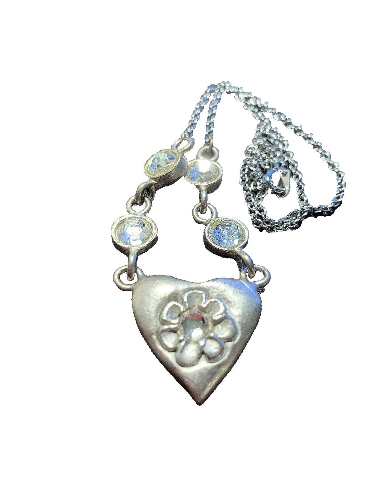 Vintage HandCrafted Pewter Heart Pendant Signed EH Necklace Clear Glass Stones