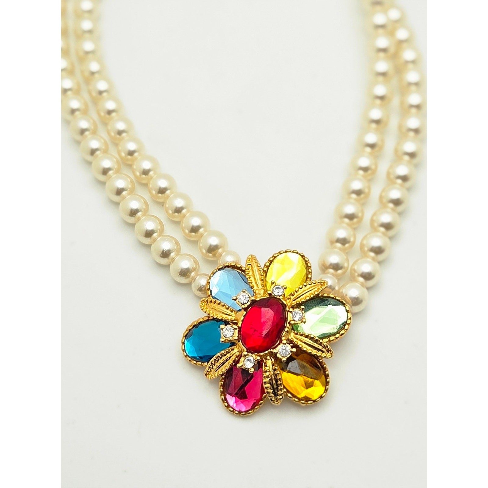 Vintage Style Multi-Color Cabochon Flower & Faux Pearl Double Strand Necklace –