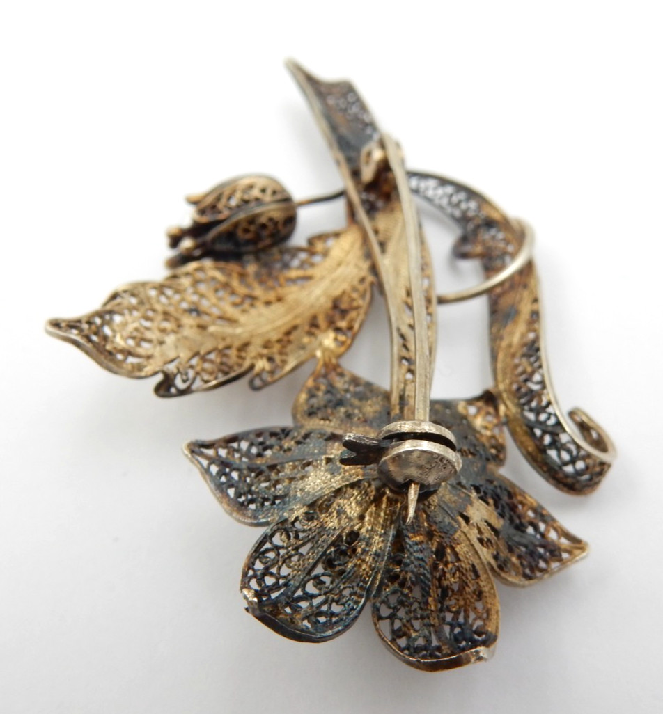 ANTIQUE VICTORIAN ERA FANCY STERLING SILVER FILIGREE FLOWER BROOCH PIN 7.3 GRAMS