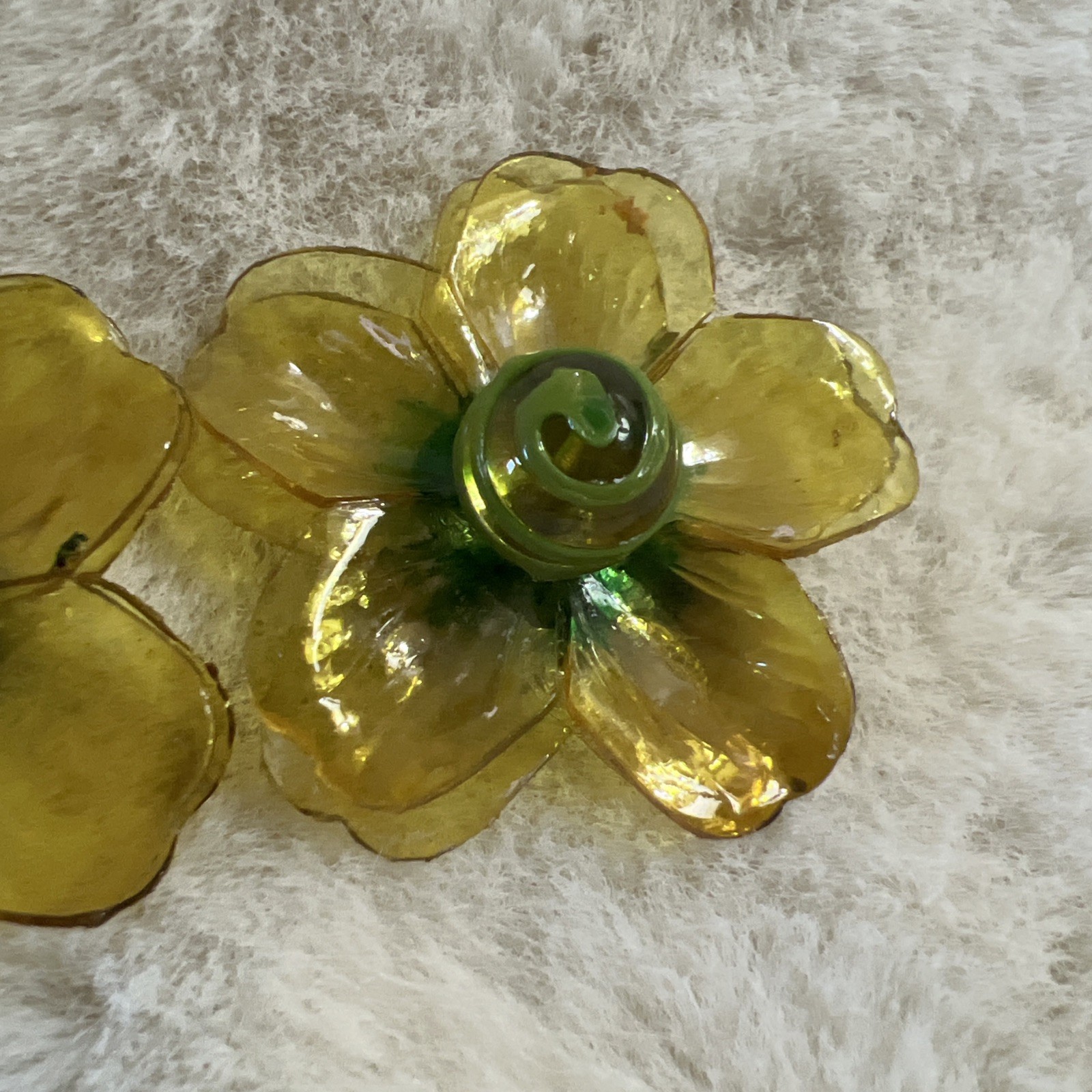 Vintage Cellulose Acetate Yellow Double Layer Petal Floral Clip On Earrings