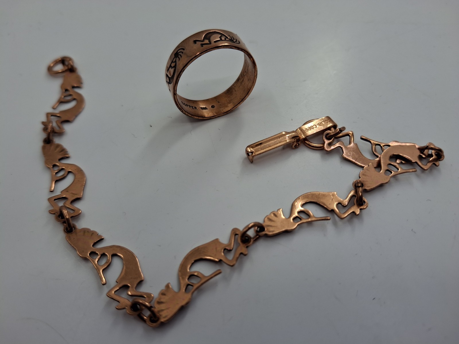 Vintage N.A. Kachina Dancer (Kokopelli) Solid Copper Link Bracelet & Ring Set