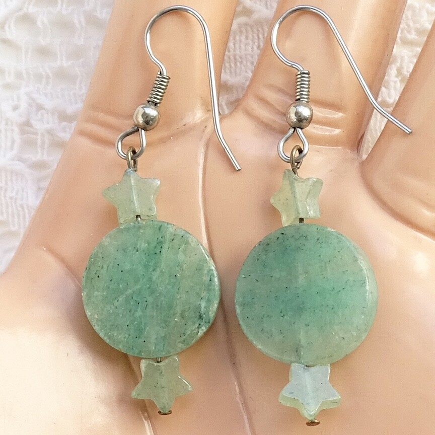 Vtg Green Chrysoprase Gemstone Celestial Dangle Pierced Earrings Moon Stars 2″