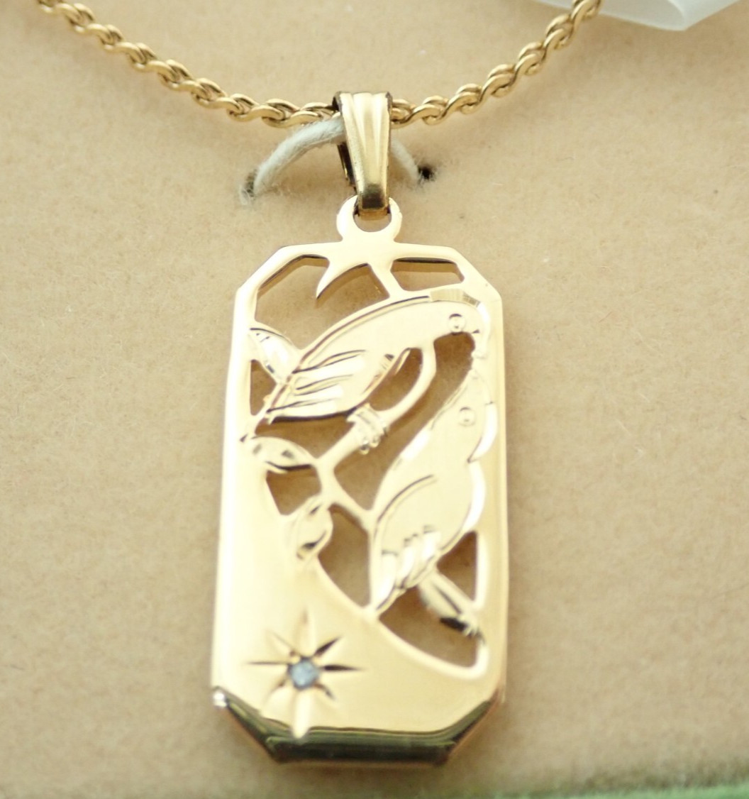 Vintage 12k 14k Gold Filled Diamond Love Birds Pendant Necklace NOS Old Stock
