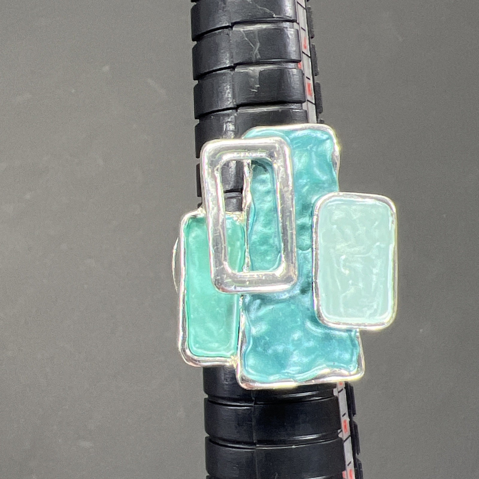 Turquoise Enamel Rectangle Stretch Ring Vintage Silver Tone Size 7+