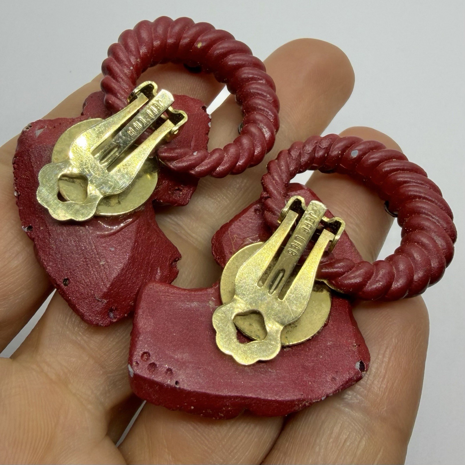 Vtg 80’s Designer Signed Red Gold Lucite Rhinestone Door Knocker Earrings Clip