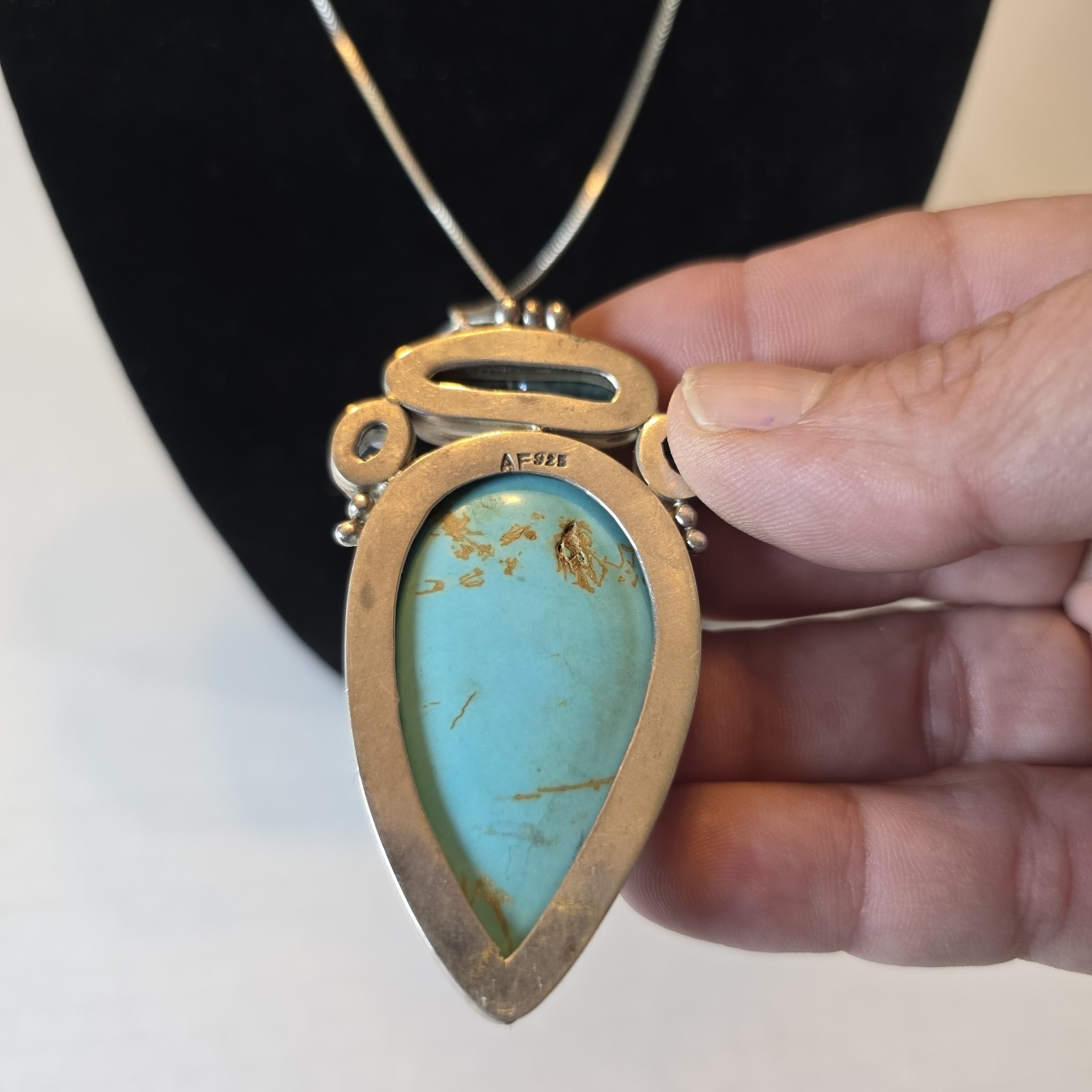 Vintage 925 Sterling Silver Pendant Signed AF Design Turquoise, Blister Pearl