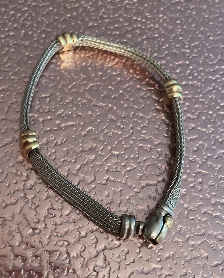 Vtg 925 Sterling 14K Cable Station Clasped Bracelet Italy 6.75” Not Bangle Woven