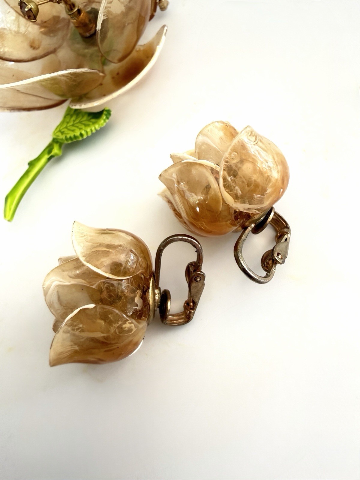 Cellulose Acetate Rhinestone Flower Brooch Earring Set Amber Demi Parure 50s Lot