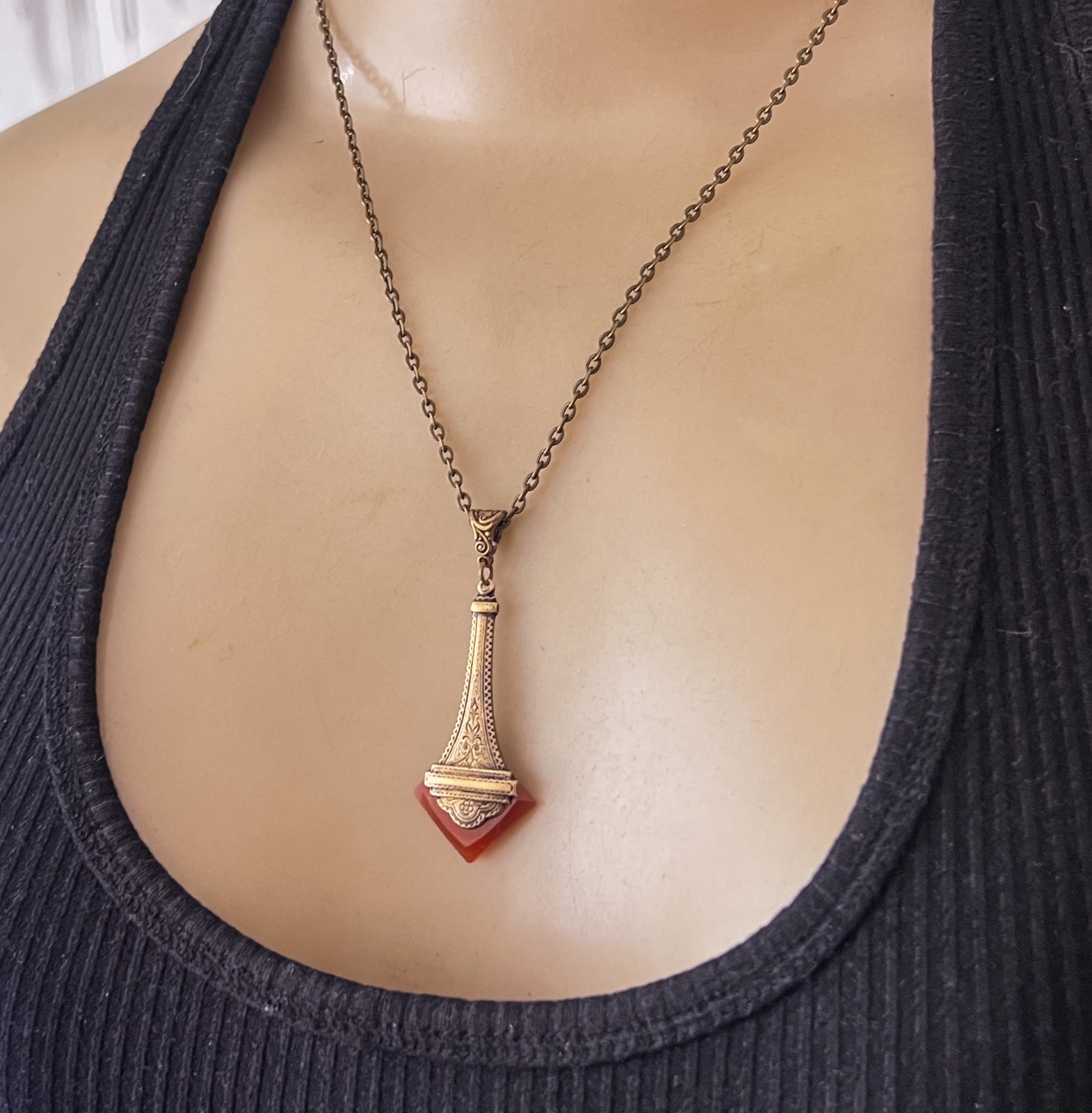 Vintage Necklace Art Deco Brass Pendant W/ Antique Red Carnelian Czech Glass