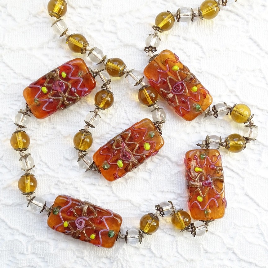 Vintage 1940s Venetian Wedding Cake Art Glass Bead Necklace Topaz Amber 25in