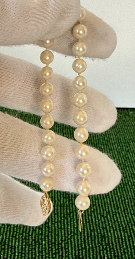 14K Solid Yellow Gold Clasp 6.4mm Beaded White round Pearl Bracelet -7.5”
