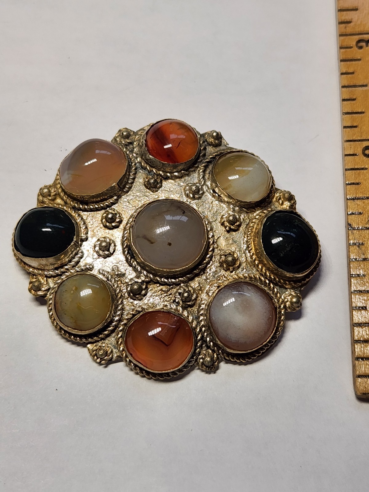 Vintage India Multi Stone Agate Cluster Brooch Pendant Handcrafted C-Clasp