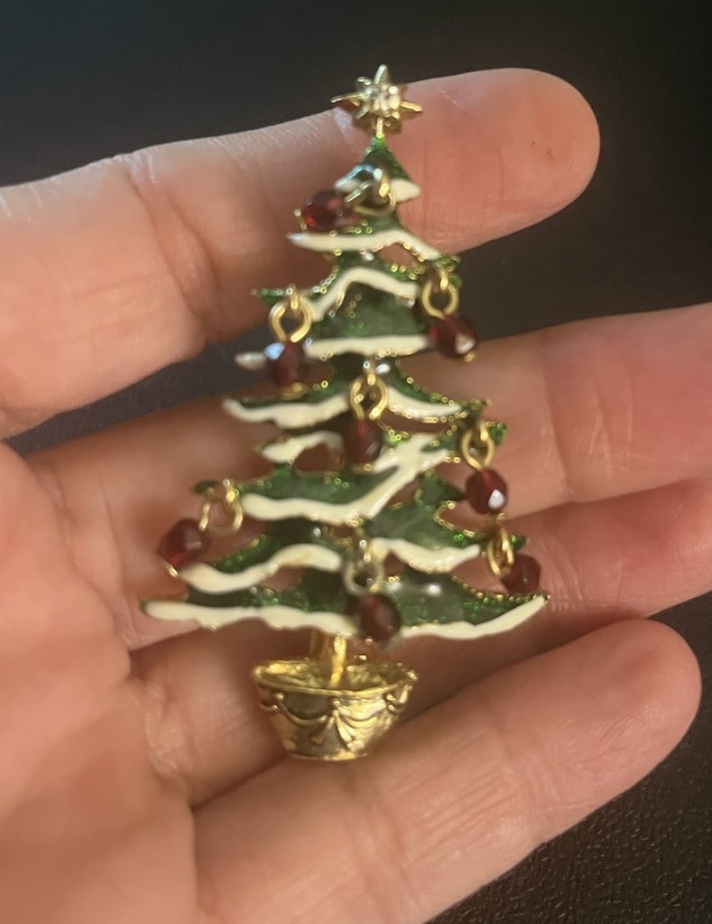 Avon Green Enamel Red Crystal Dangle Ornament Gold Tone Christmas Tree Brooch