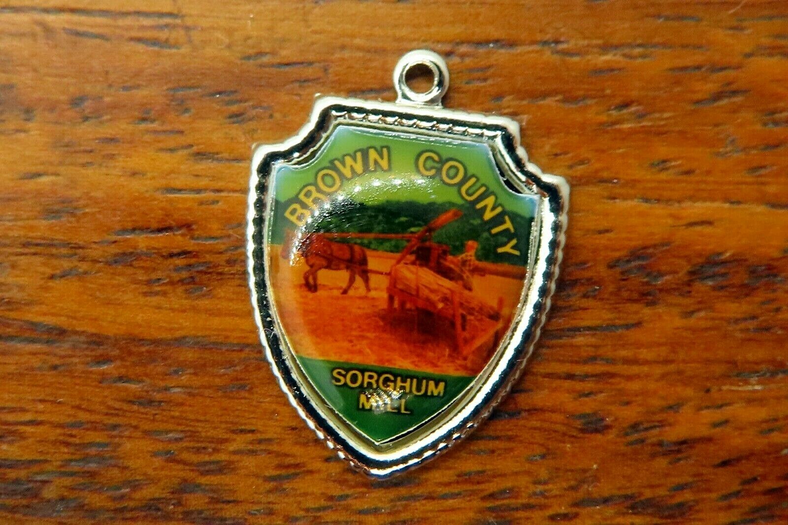 Vintage silver BROWN COUNTY SORGHUM MILL INDIANA TRAVEL SHIELD charm 21-26