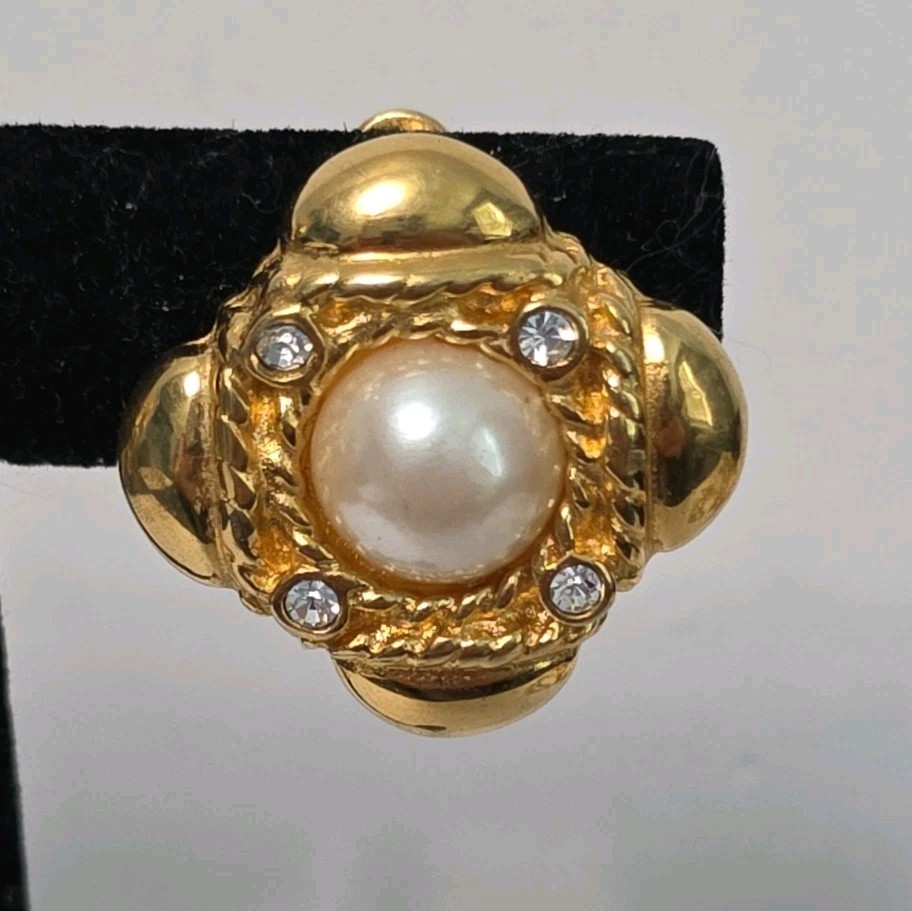 Vintage Givenchy Square Goldtone Faux Pearl Cabachon Earrings
