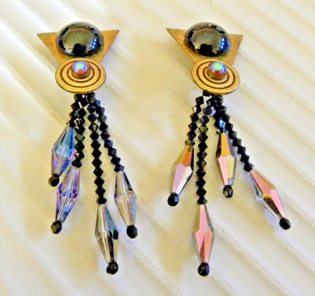 Vintage Designer Dangle Earrings Clip On Geometric Bronze Copper & Violet Color