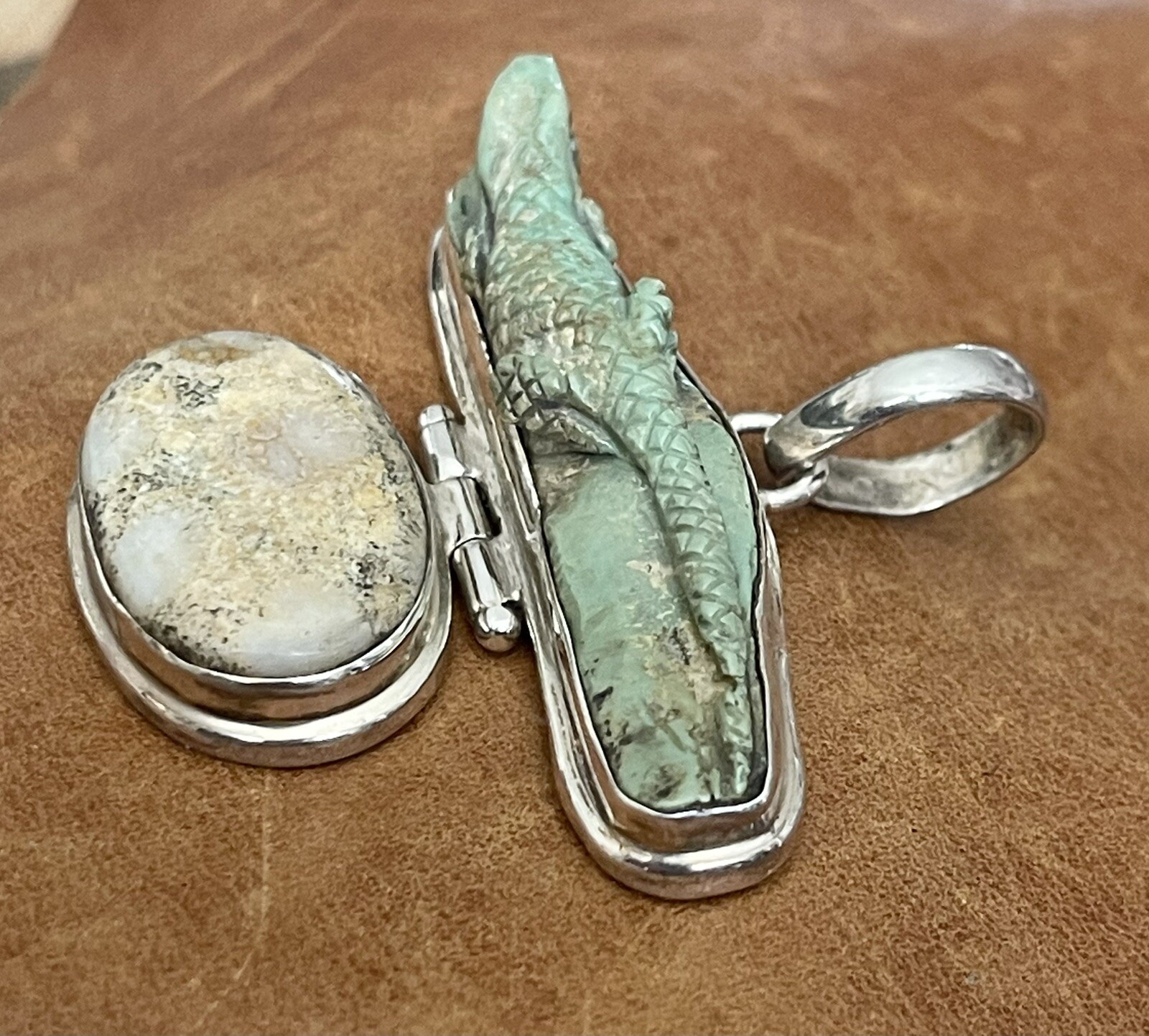 Vintage 925 Green Turquoise, Jasper Artist Created Lizard Motif Large Pendant