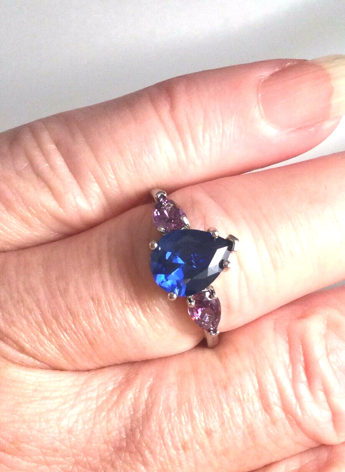 Jewellery Pear Cut Blue Sapphire and Amethysts Engagement Ring White Gold Finish