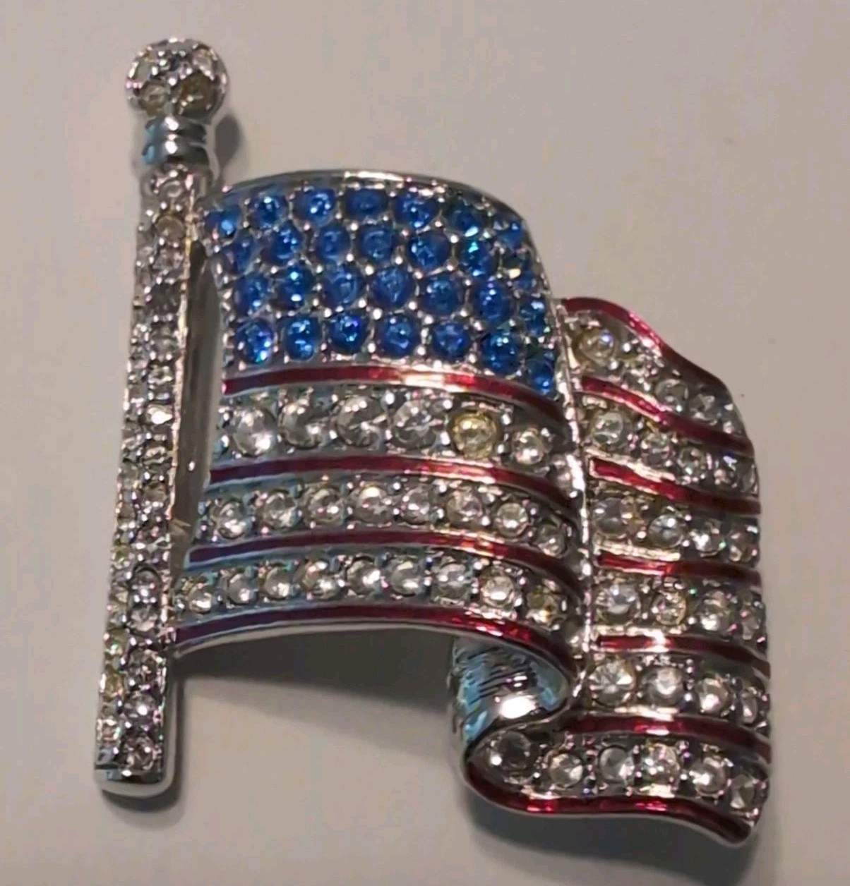 Swan Signed Swarovski Blue Red Clear Crystal American Flag Pin