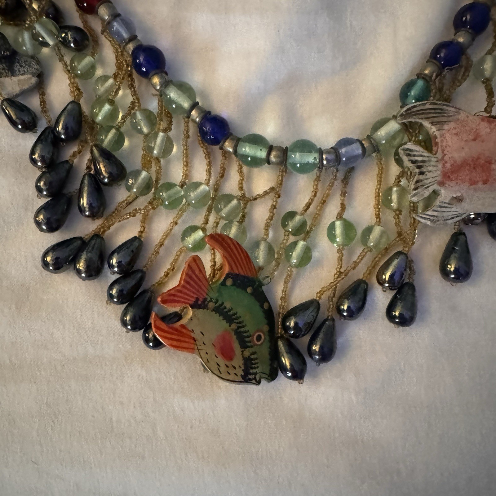 Vintage Tropical Triggerfish Necklace. Beaded, Large, Leave With Rope Tie.