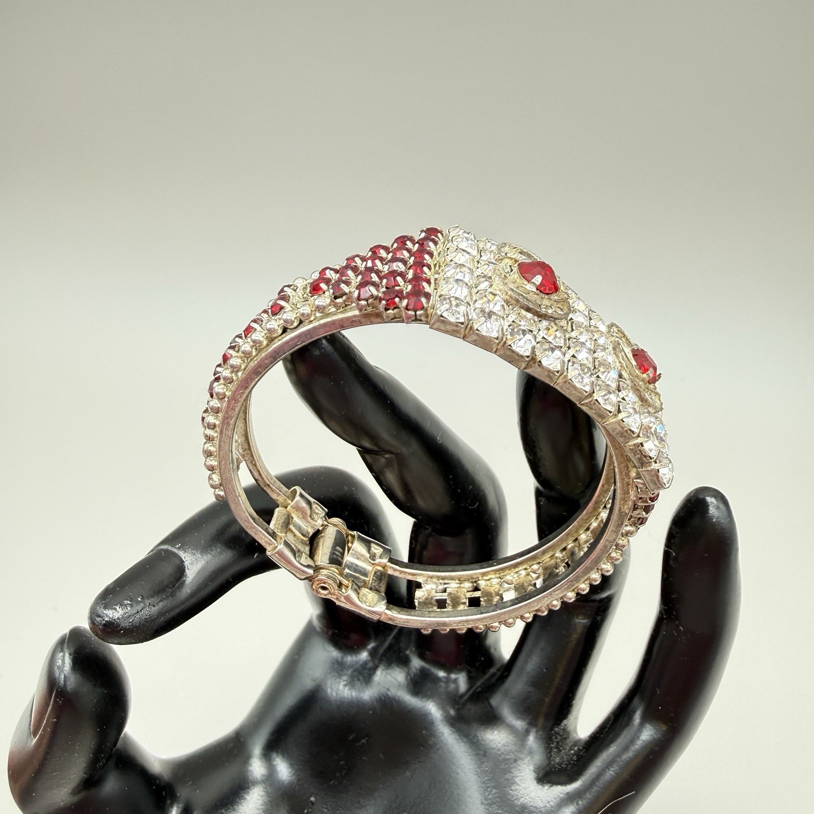 Vintage Red & Clear Rhinestone Hinged Cuff Bracelet Unmarked Red Bracelet