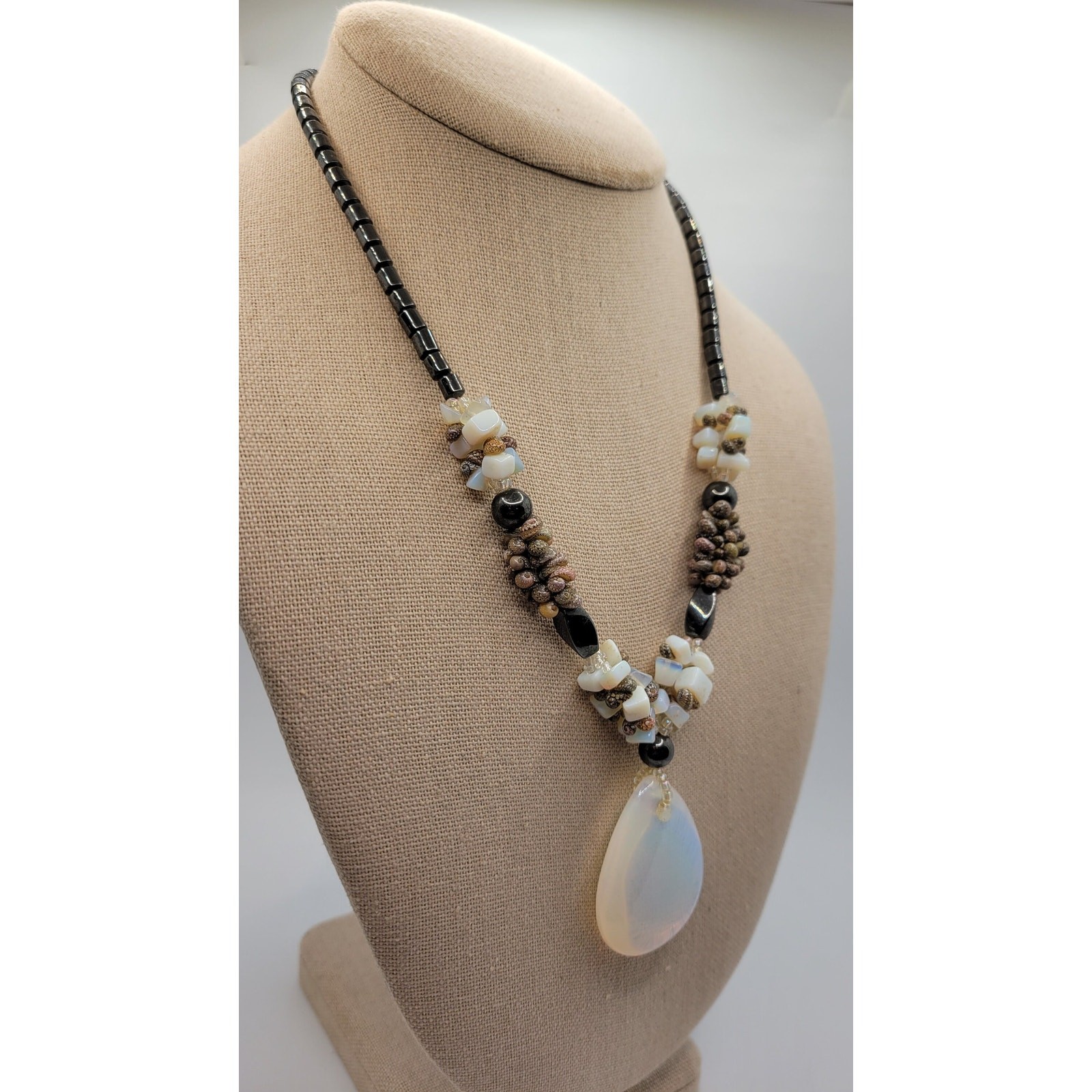 Moonstone Hematite Necklace Faux Opalite Pendant Tiny Shells Seed Bead Vintage