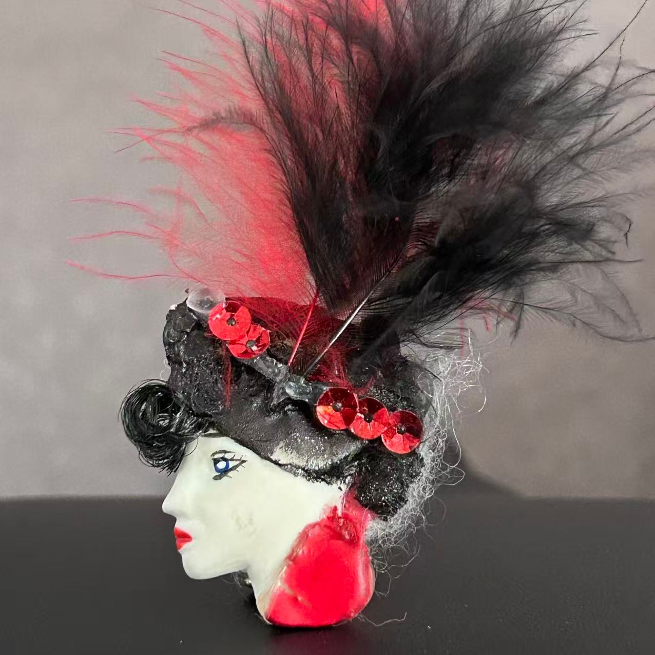 Vintage Art Deco Lady Face Brooch Pin Flapper Red Black Feathers Costume