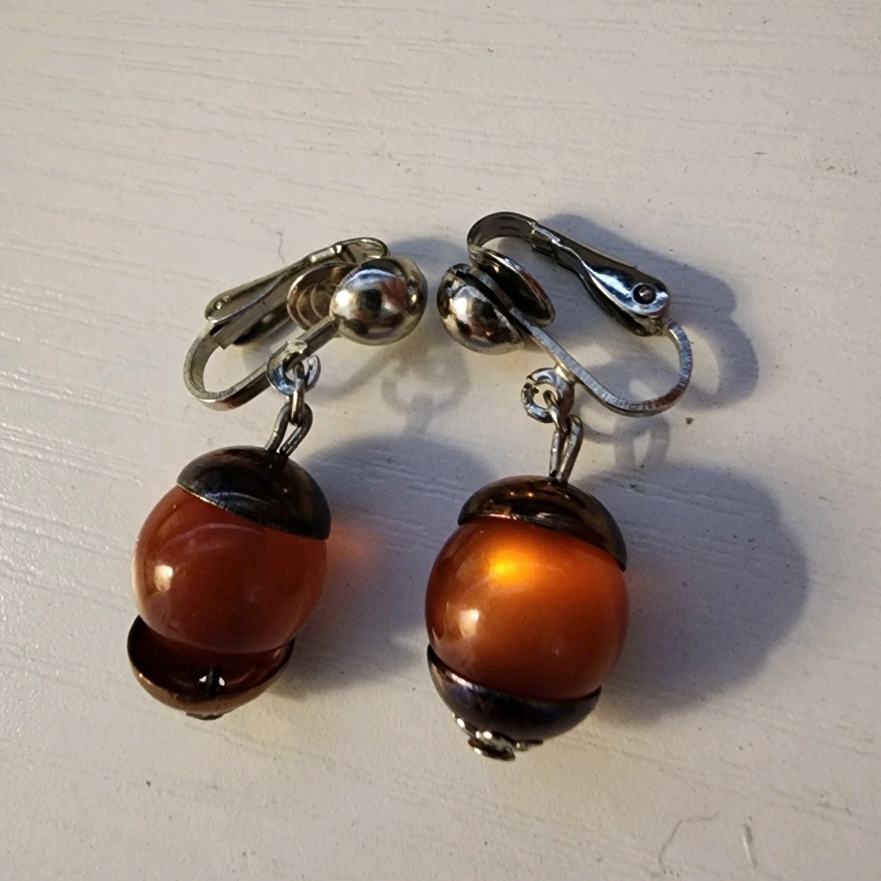 Vintage Faux Amber Stone Bead Earrings Acorn Silver Toned Clip On