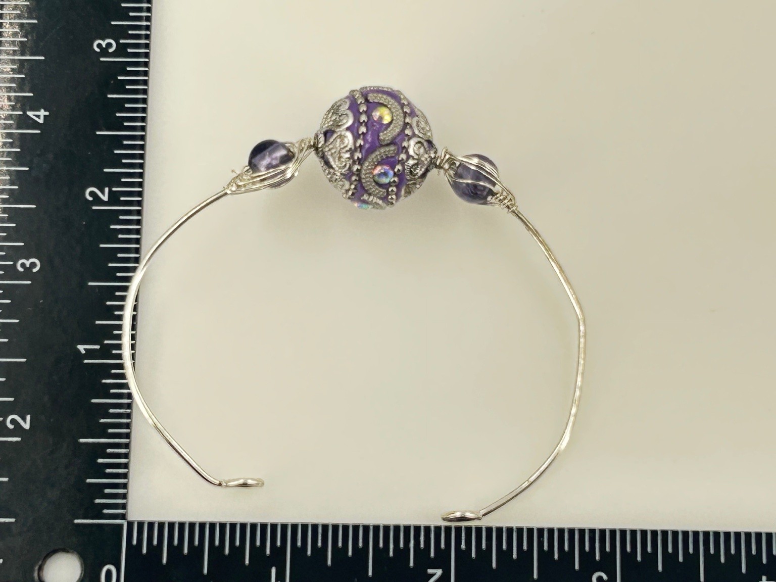 Handcrafted Purple Bead Silver Wire Bangle Bracelet Adjustable