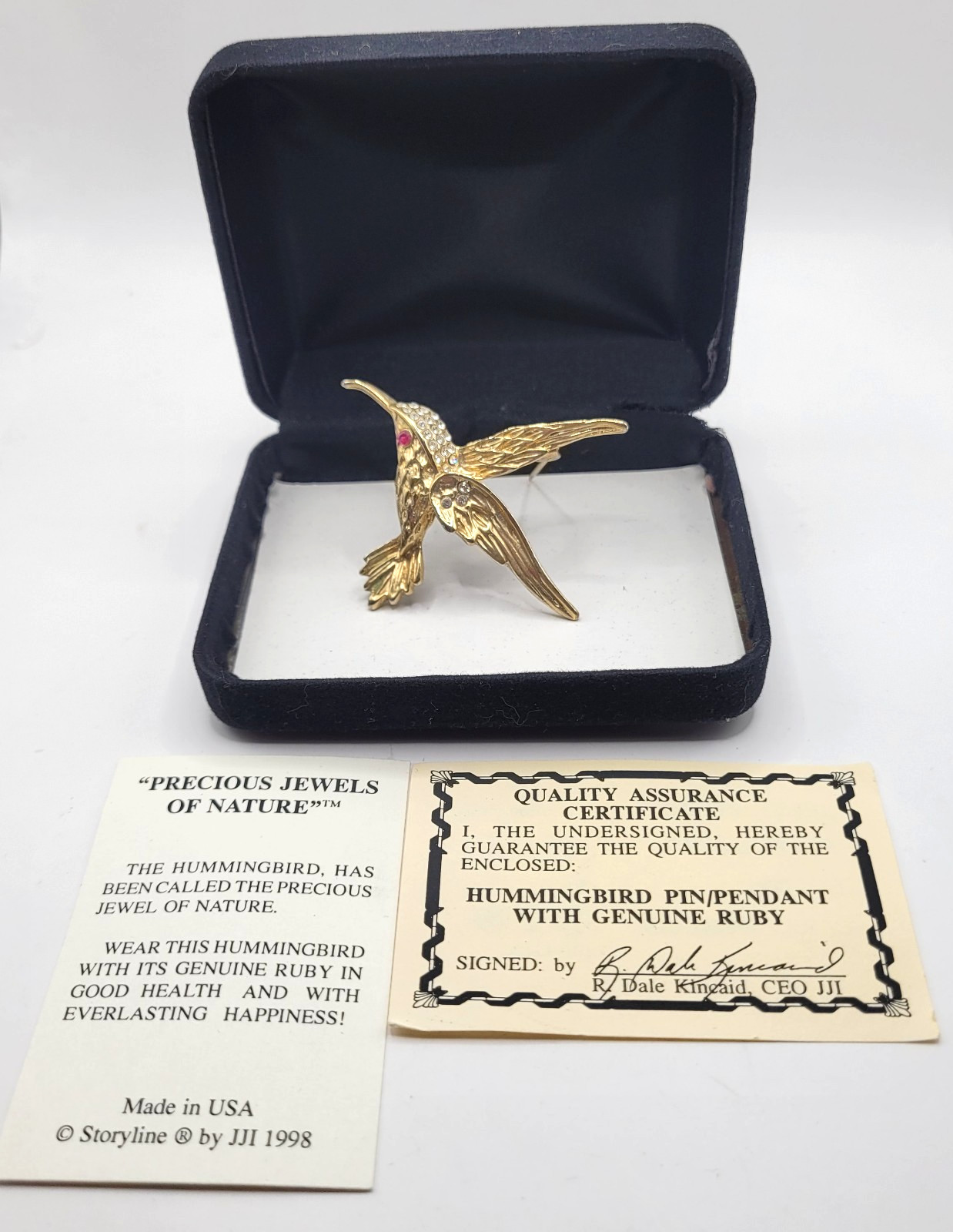 Vintage Dale Kinkaid 1988 Hummingbird Pendant Ruby Eye Gold Tone Bx & COA Signed