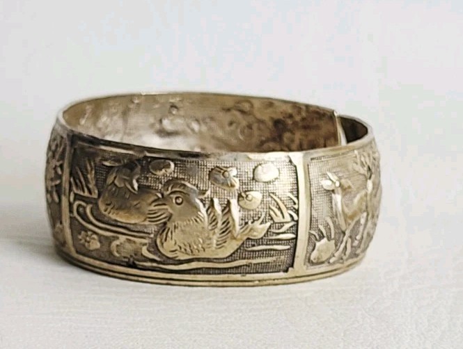 Miao Silver Tone Bangle with repoussé Depicting Birds and Deer In Nature Vintage