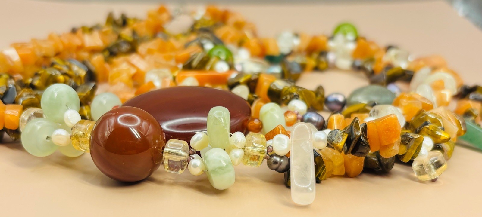 Vintage Natural Gemstone Multi Strand Boho Tigers Eye Carnelian Pearl 28”
