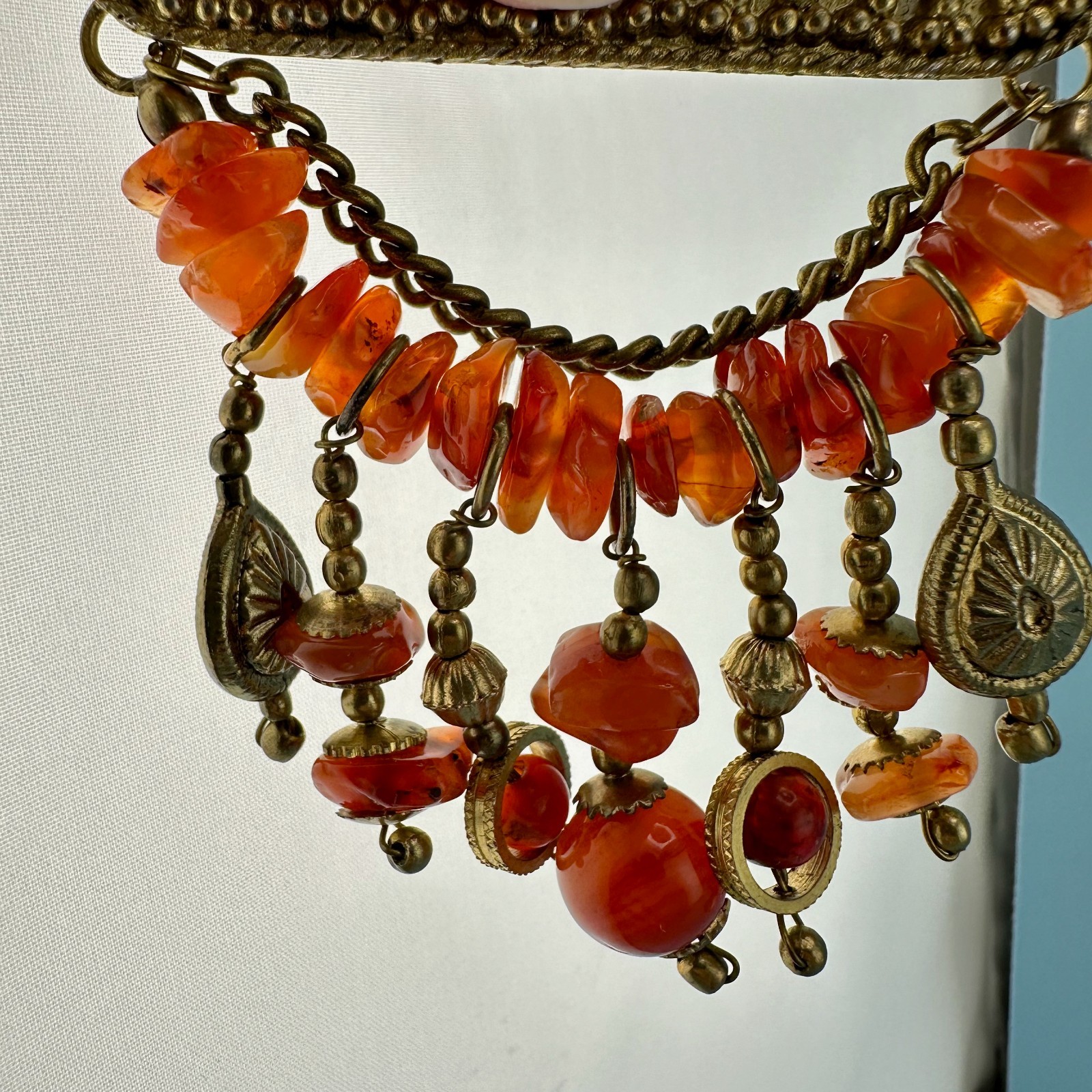 Vintage Bar Brooch Gold Tone Dangle Chains Carnelian Stone Beads Boho India