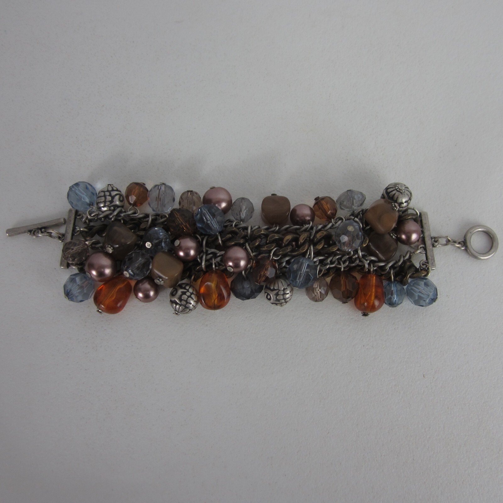 Chicos Charm Bracelet Amber Blue Mauve Purple Antique Silvertone Multiple Beads