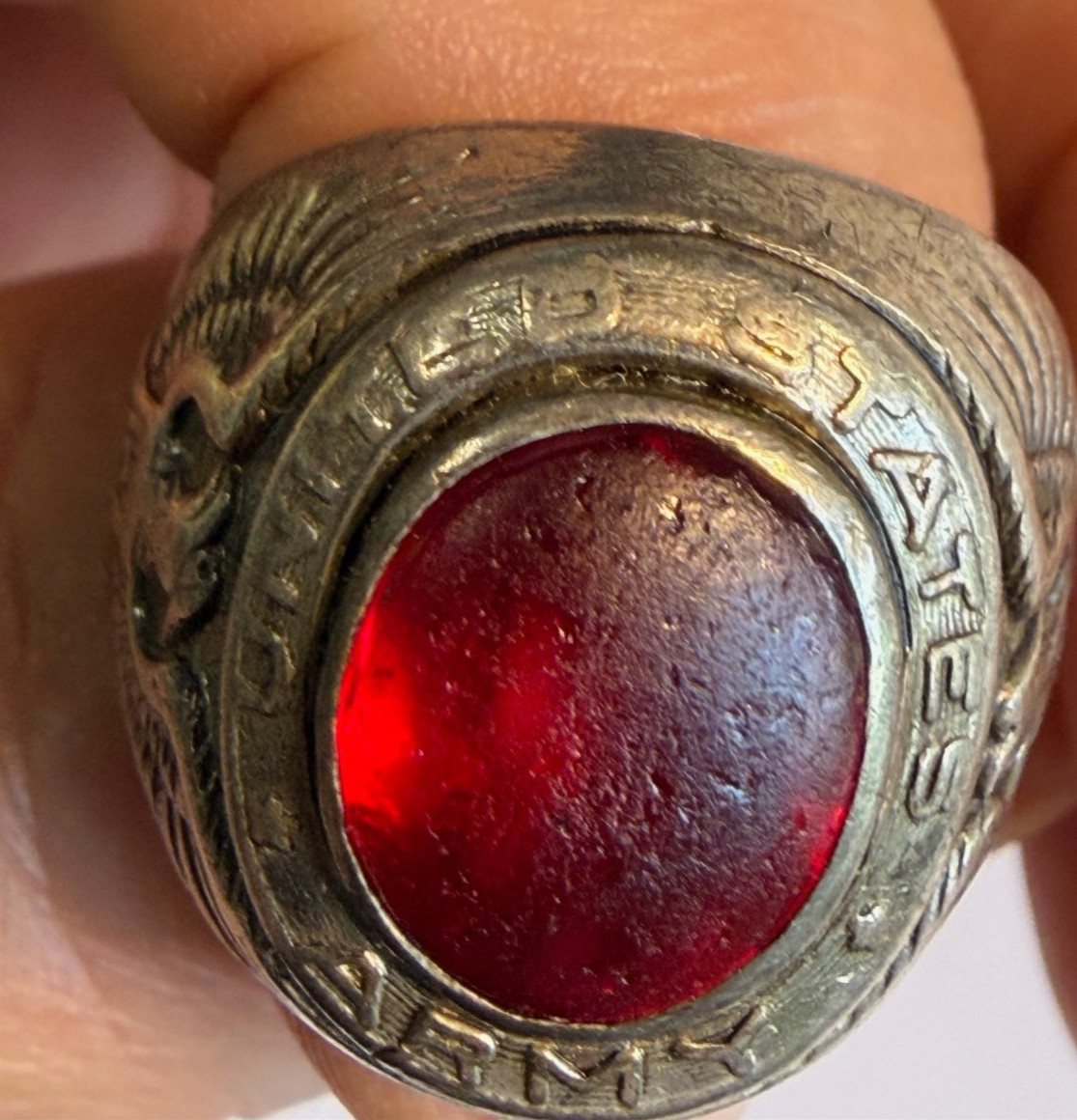 Vintage ARMY Sterling Silver Ring with Eagle and Red Stone