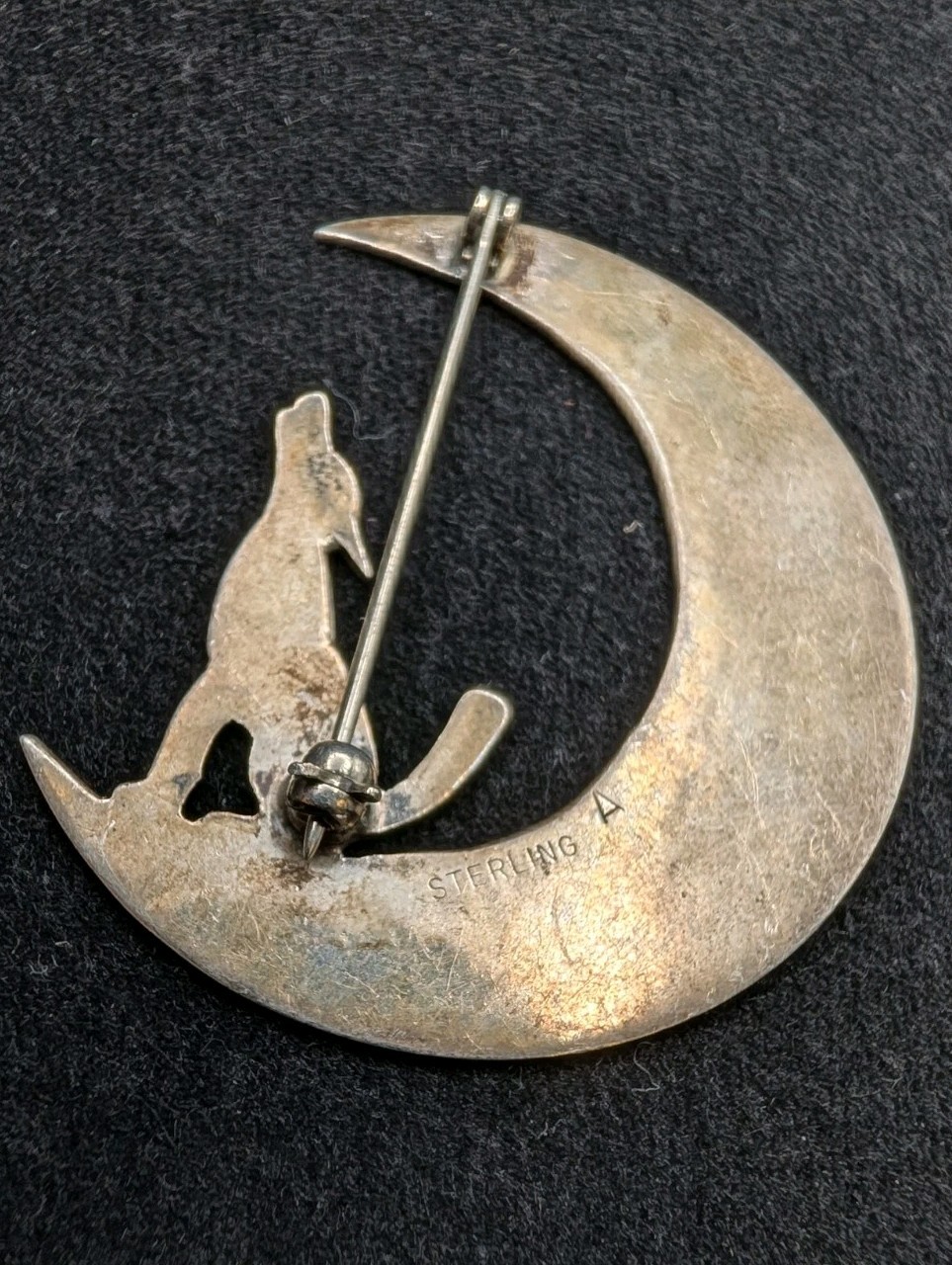 Vintage Southwestern Style Sterling Silver Howling Wolf Moon Pin Handmade